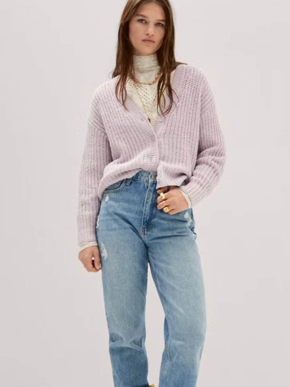 Mango MNG Ribbed Knit Cropped Cardigan Lavender